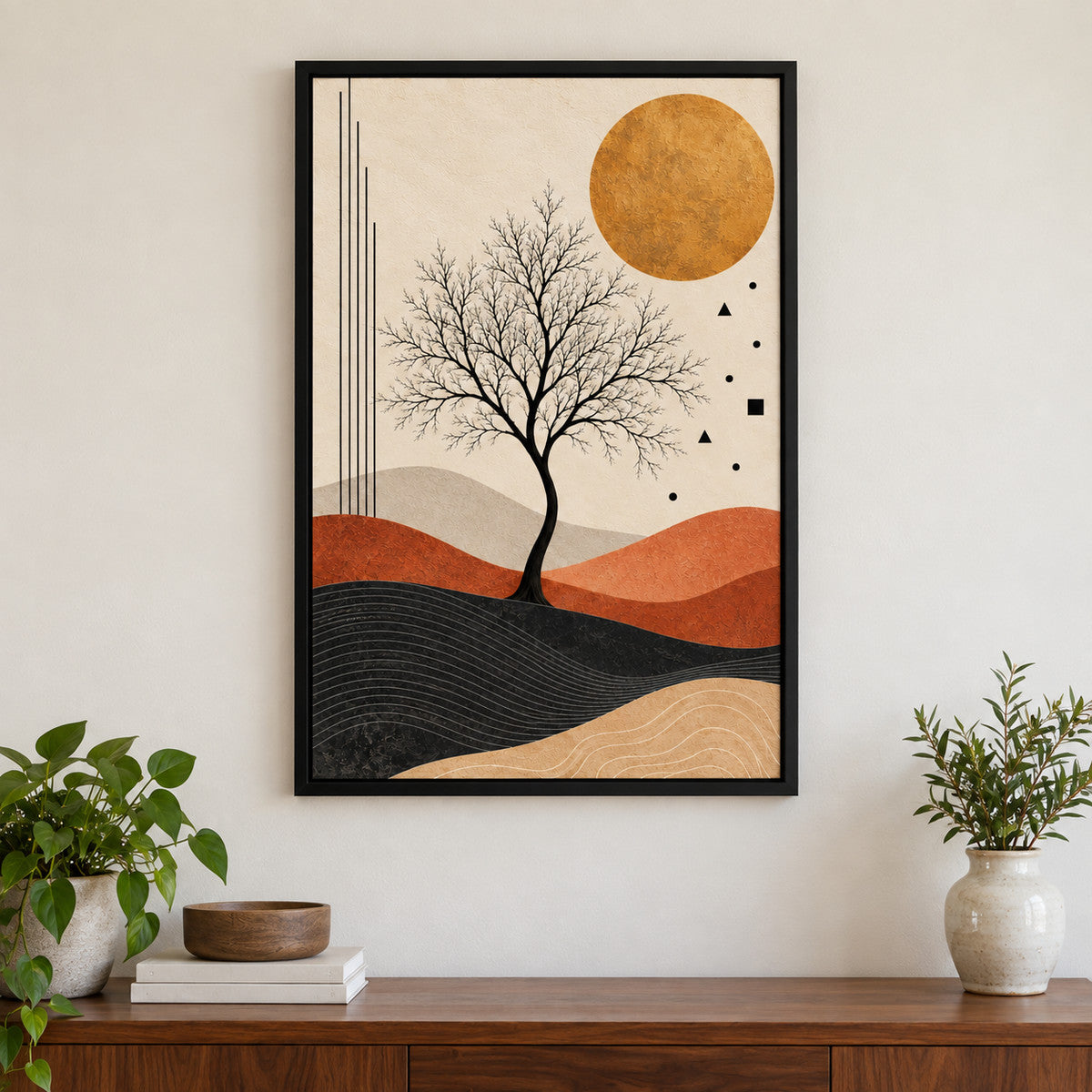 Black Tree and Ochre Sun Abstract — Black Frame wall scene | AUSJOJO