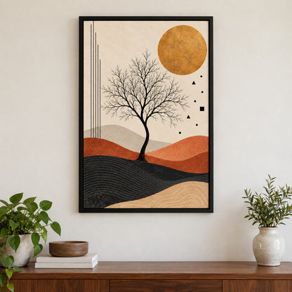Black Tree and Ochre Sun Abstract — Black Frame wall scene | AUSJOJO