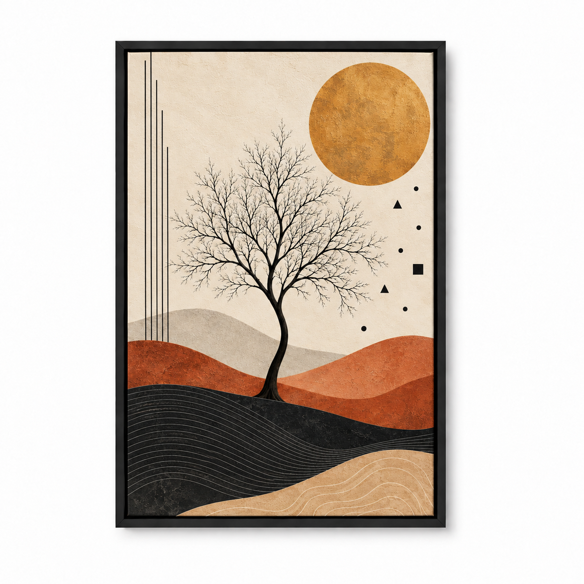 Black Tree and Ochre Sun Abstract — Black Frame finish product view | AUSJOJO