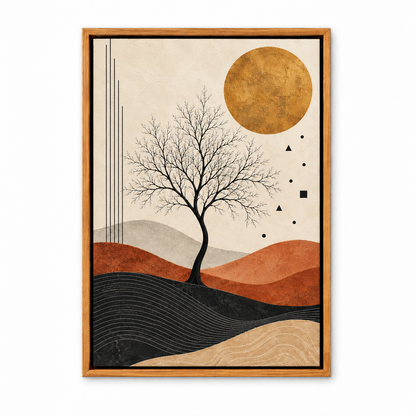 Black Tree and Ochre Sun Abstract — Brown Frame finish product view | AUSJOJO
