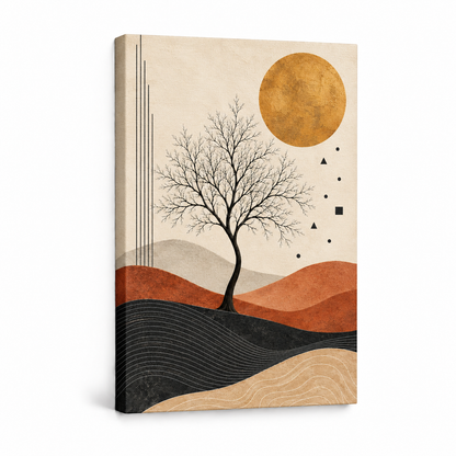 Black Tree and Ochre Sun Abstract — Stretched Canvas product view | AUSJOJO