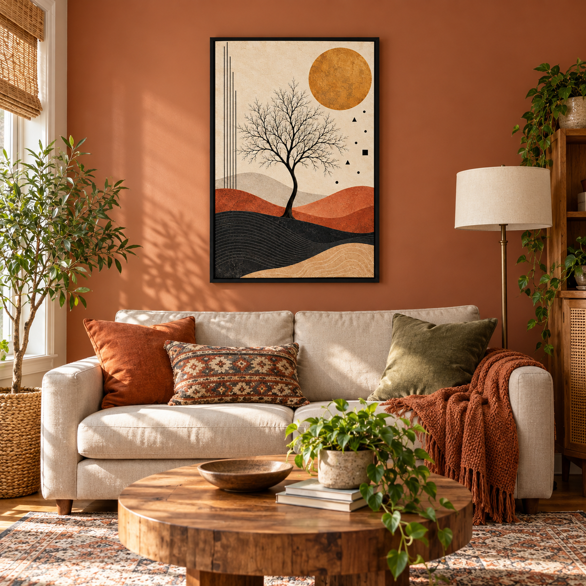 Black Tree and Ochre Sun Abstract — Black Frame room scene | AUSJOJO