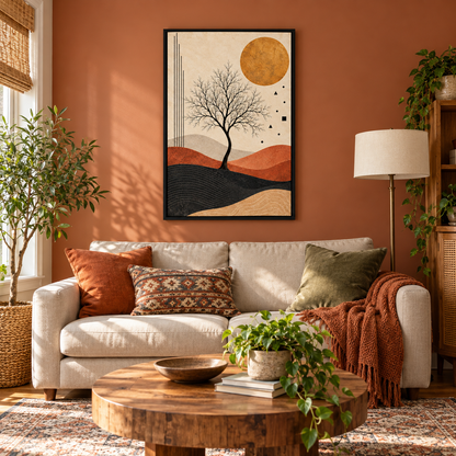 Black Tree and Ochre Sun Abstract — Black Frame room scene | AUSJOJO