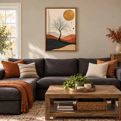 Black Tree and Ochre Sun Abstract — Brown Frame room scene | AUSJOJO