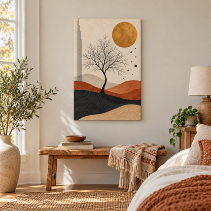 Black Tree and Ochre Sun Abstract — Stretched Canvas room scene | AUSJOJO