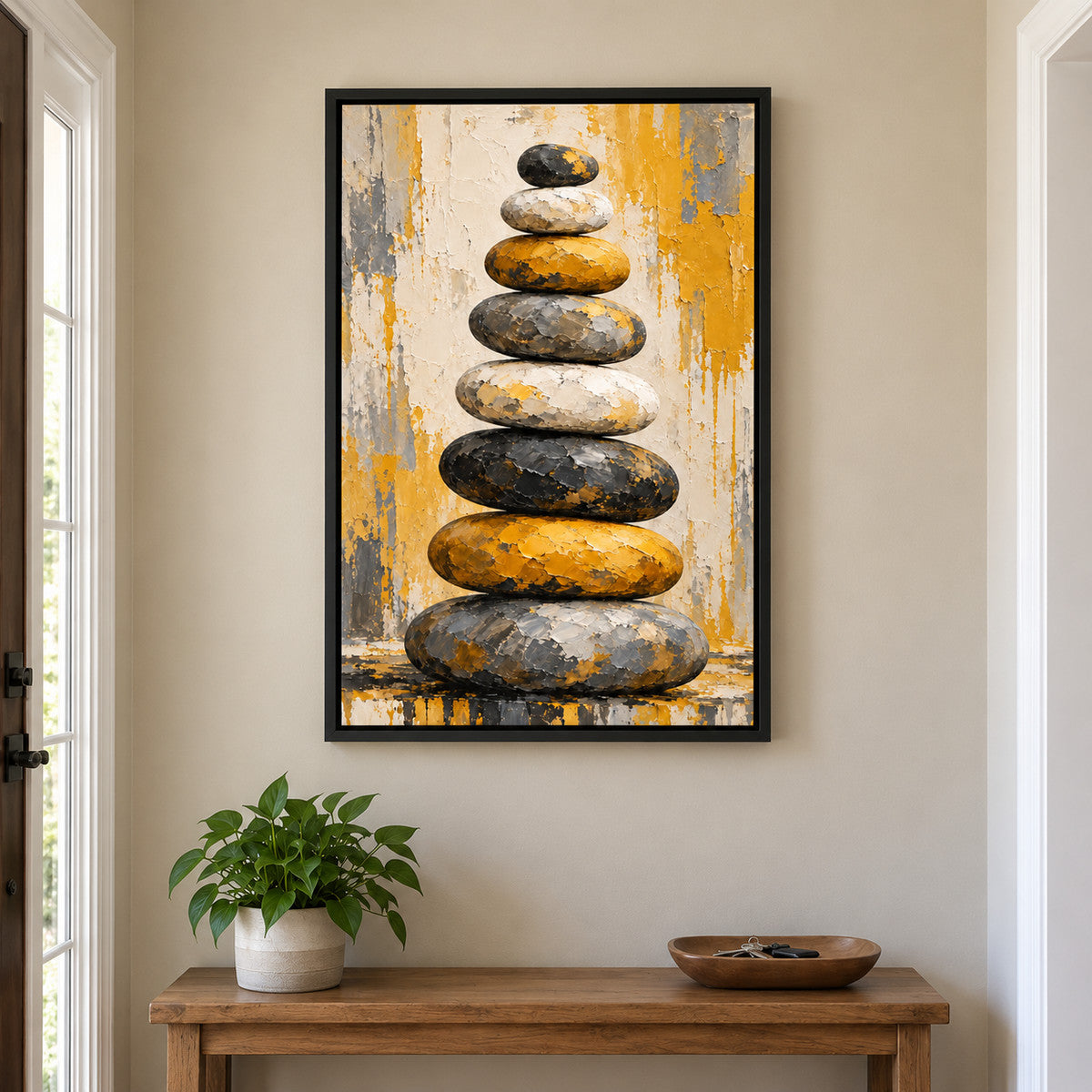 Eight Stacked Stones Impasto Abstract — Black Frame wall scene | AUSJOJO