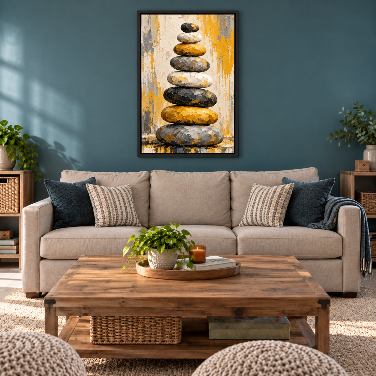 Eight Stacked Stones Impasto Abstract — Black Frame room scene | AUSJOJO