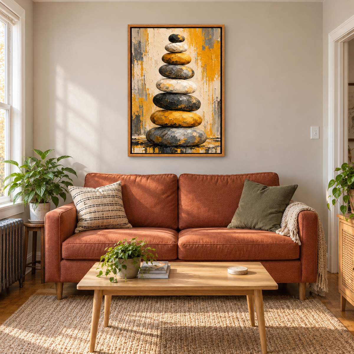 Eight Stacked Stones Impasto Abstract — Brown Frame room scene | AUSJOJO