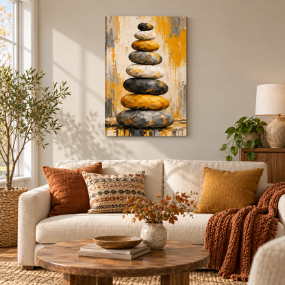 Eight Stacked Stones Impasto Abstract — Stretched Canvas room scene | AUSJOJO
