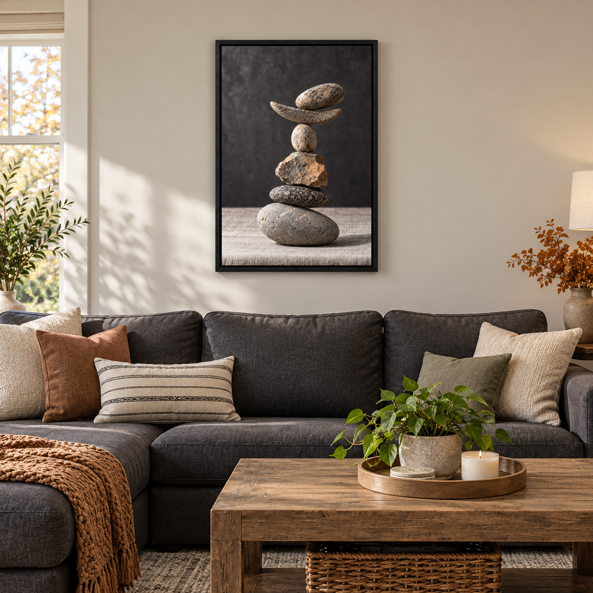 Six Balancing Stones Photo — Black Frame room scene | AUSJOJO