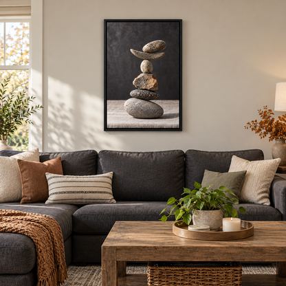 Six Balancing Stones Photo — Black Frame room scene | AUSJOJO