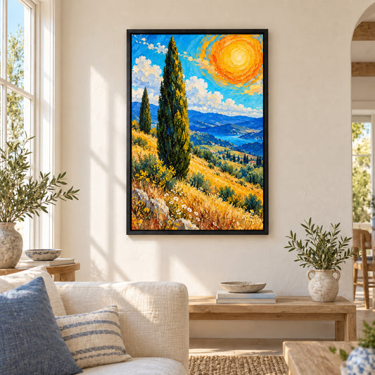 Cypress Trees and Spiral Sun Impasto — Black Frame wall scene | AUSJOJO
