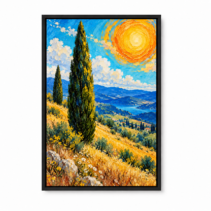 Cypress Trees and Spiral Sun Impasto — Black Frame finish product view | AUSJOJO