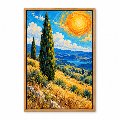 Cypress Trees and Spiral Sun Impasto — Brown Frame finish product view | AUSJOJO