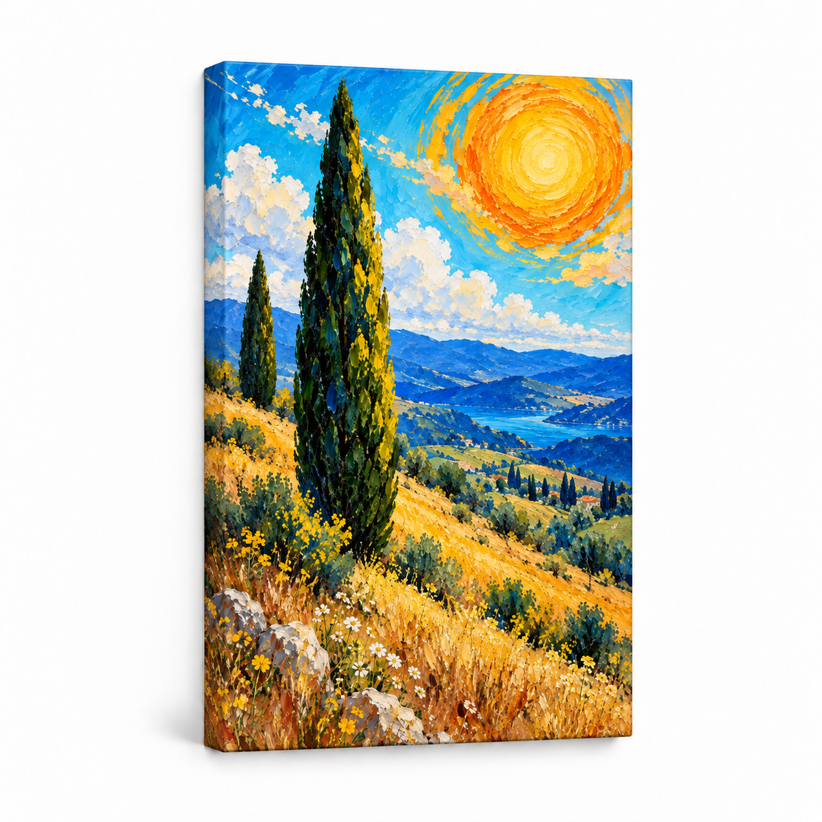 Cypress Trees and Spiral Sun Impasto — Stretched Canvas product view | AUSJOJO