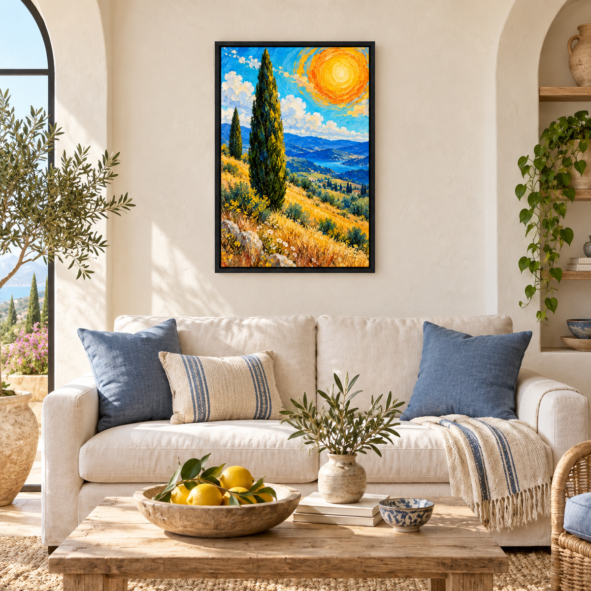 Cypress Trees and Spiral Sun Impasto — Black Frame room scene | AUSJOJO