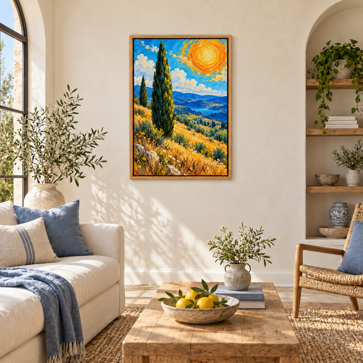 Cypress Trees and Spiral Sun Impasto — Brown Frame room scene | AUSJOJO