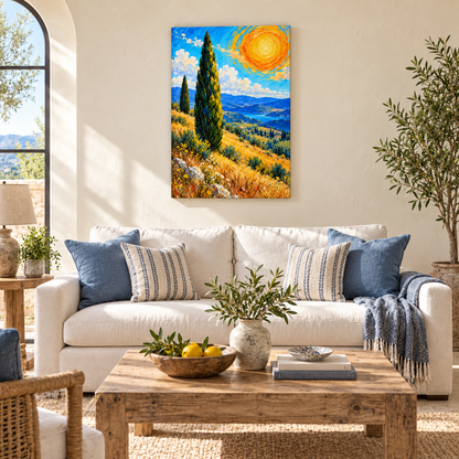 Cypress Trees and Spiral Sun Impasto — Stretched Canvas room scene | AUSJOJO