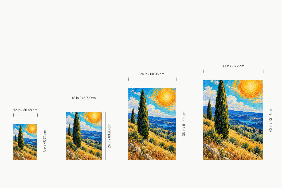 Cypress Trees and Spiral Sun Impasto — size comparison guide | AUSJOJO