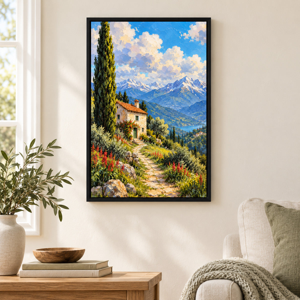 Sunny Alpine Cottage Path — Black Frame wall scene | AUSJOJO