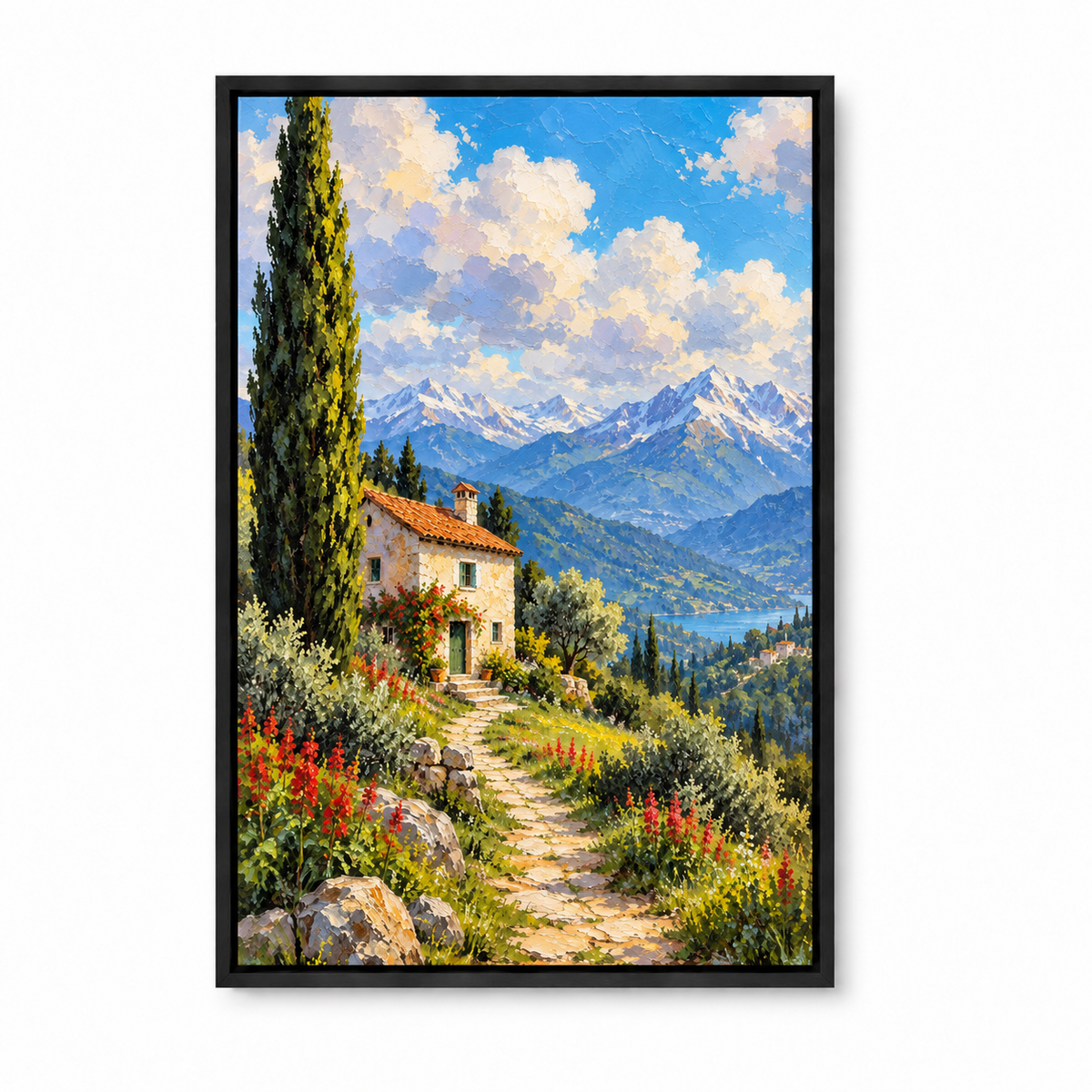 Sunny Alpine Cottage Path — Black Frame finish product view | AUSJOJO