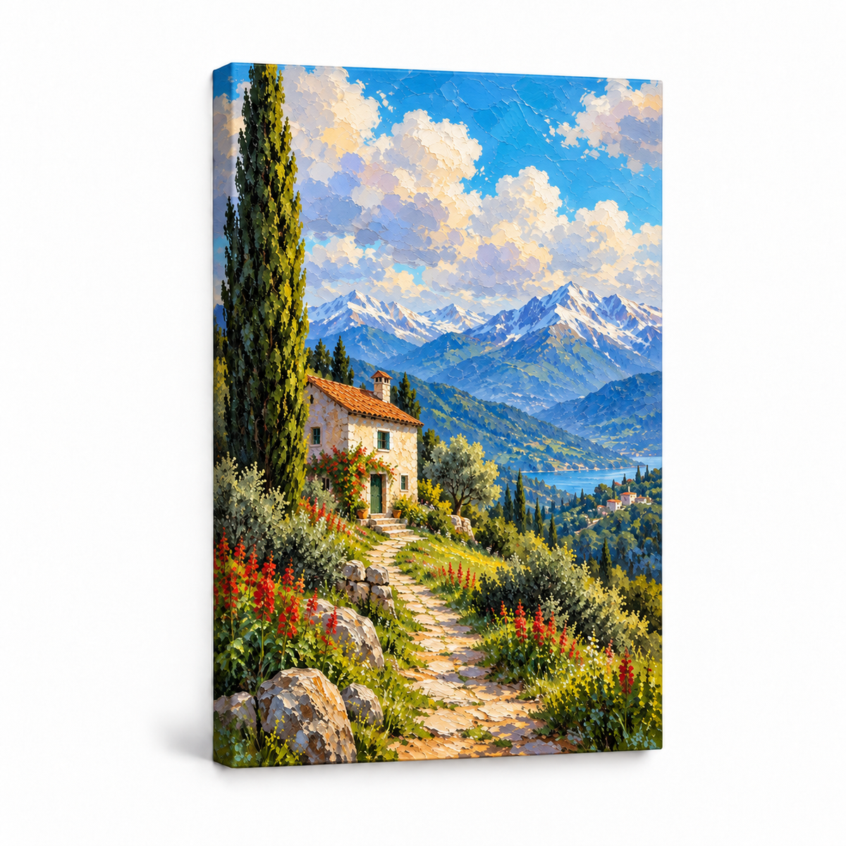 Sunny Alpine Cottage Path — Stretched Canvas product view | AUSJOJO