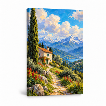 Sunny Alpine Cottage Path — Stretched Canvas product view | AUSJOJO