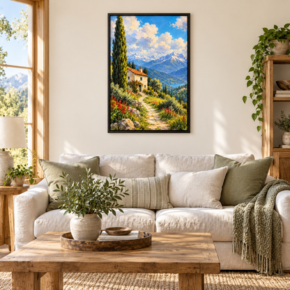 Sunny Alpine Cottage Path — Black Frame room scene | AUSJOJO