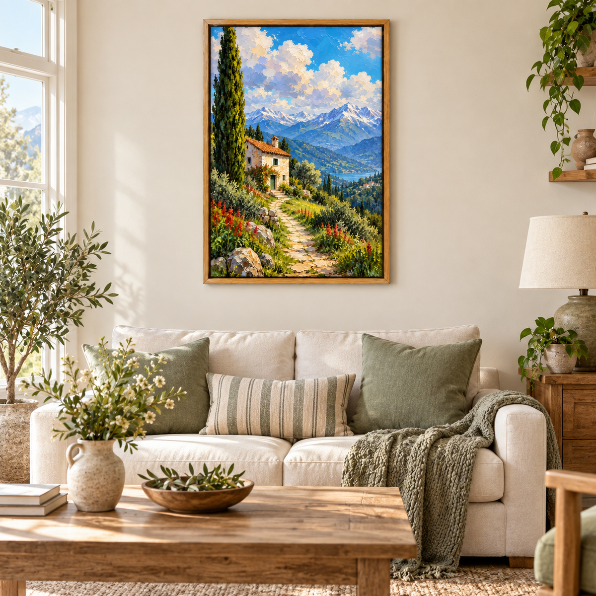 Sunny Alpine Cottage Path — Brown Frame room scene | AUSJOJO