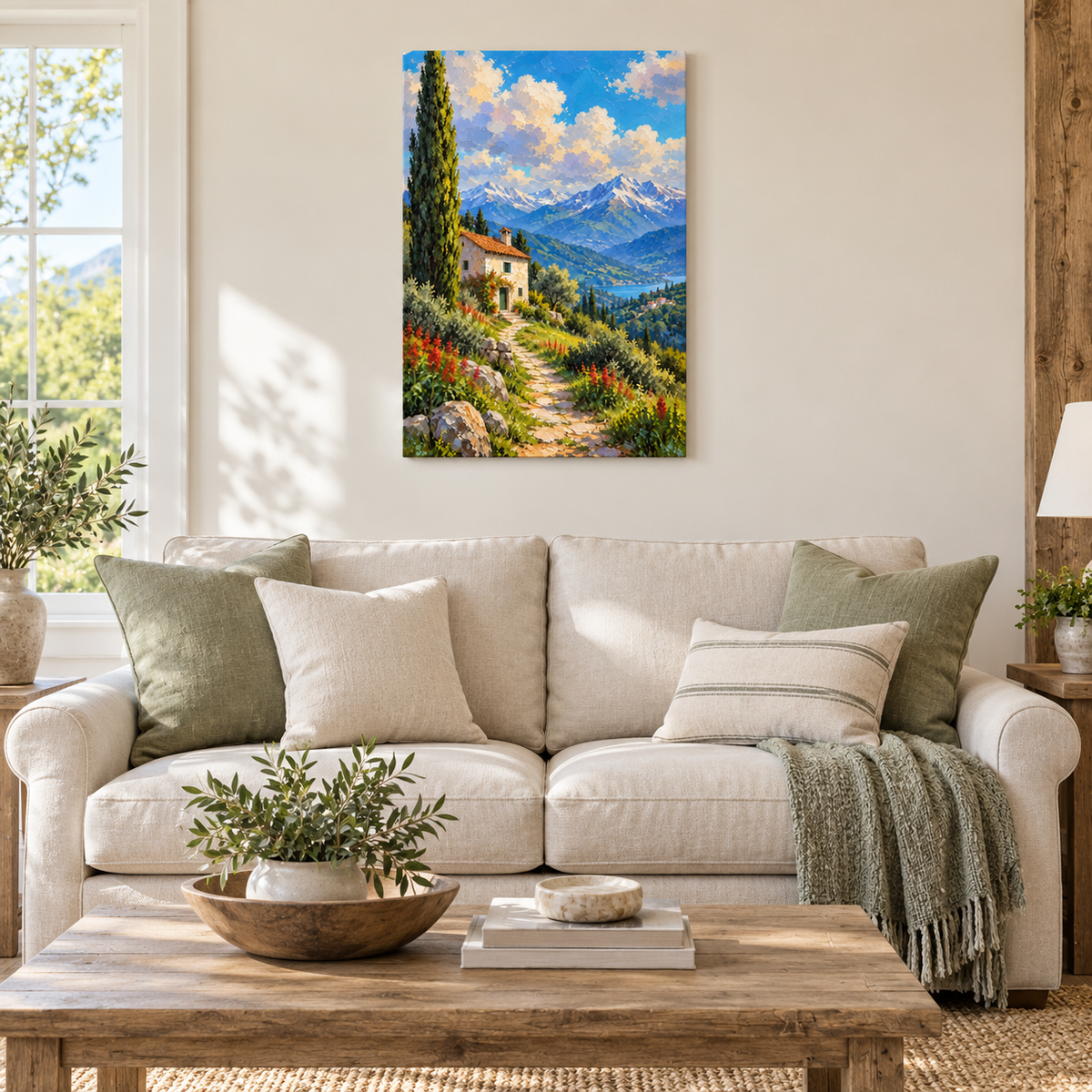 Sunny Alpine Cottage Path — Stretched Canvas room scene | AUSJOJO