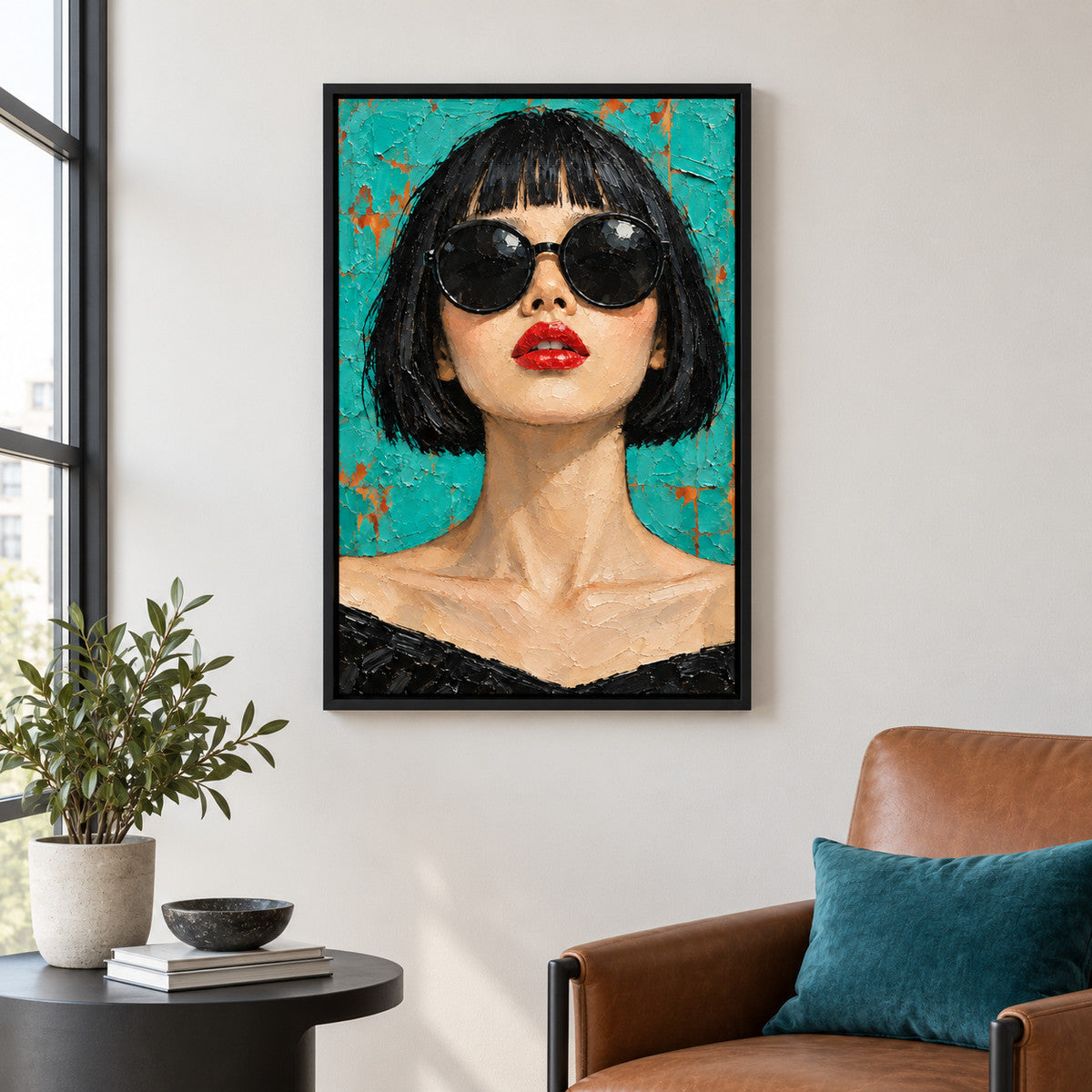 Teal Retro Sunglasses Woman — Black Frame wall scene | AUSJOJO