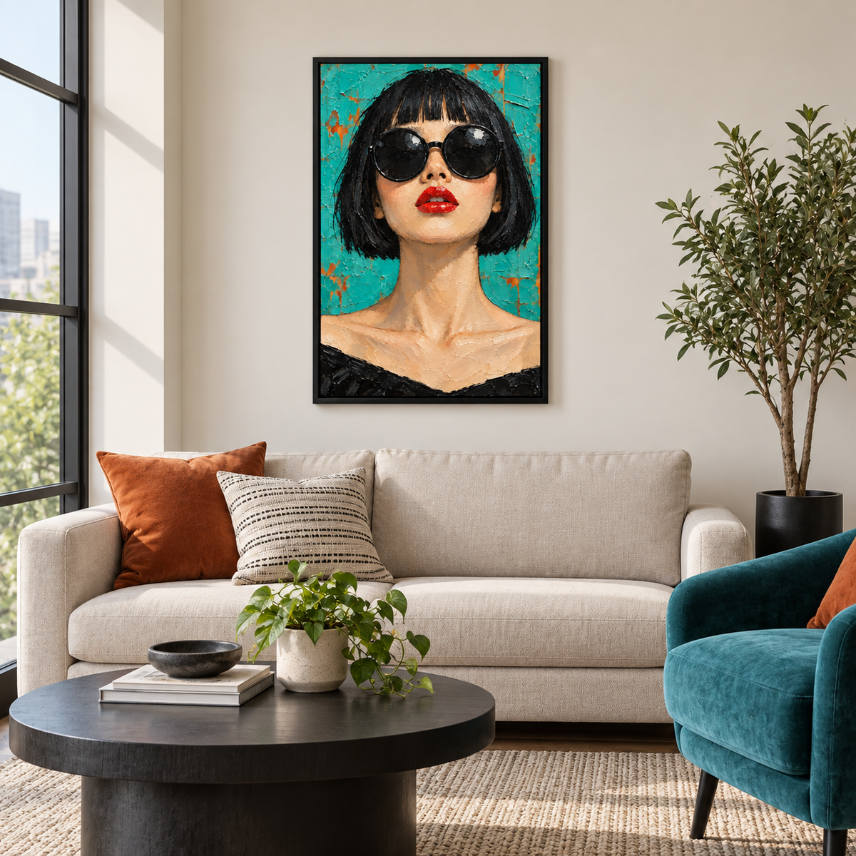 Teal Retro Sunglasses Woman — Black Frame room scene | AUSJOJO