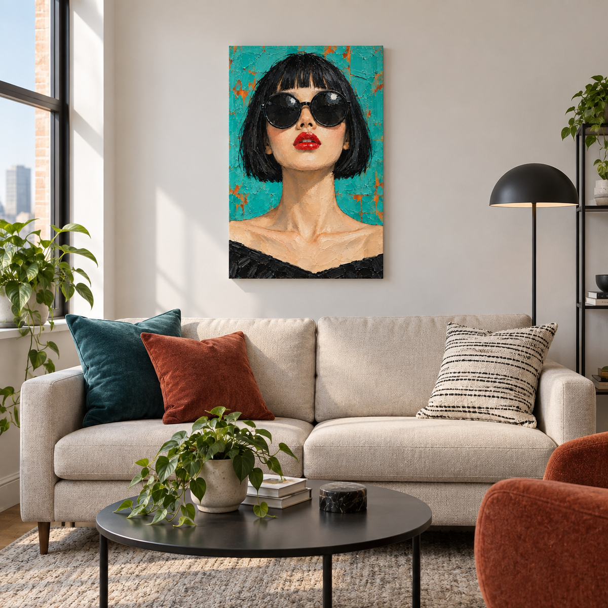 Teal Retro Sunglasses Woman — Stretched Canvas room scene | AUSJOJO