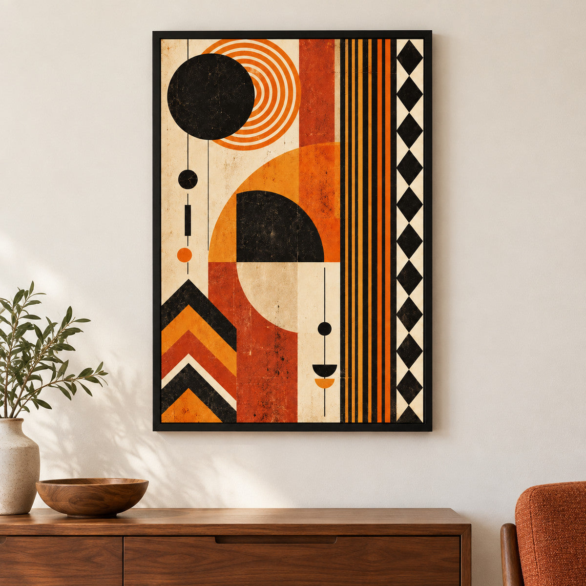Rust and Black Geometric Rings — Black Frame wall scene | AUSJOJO