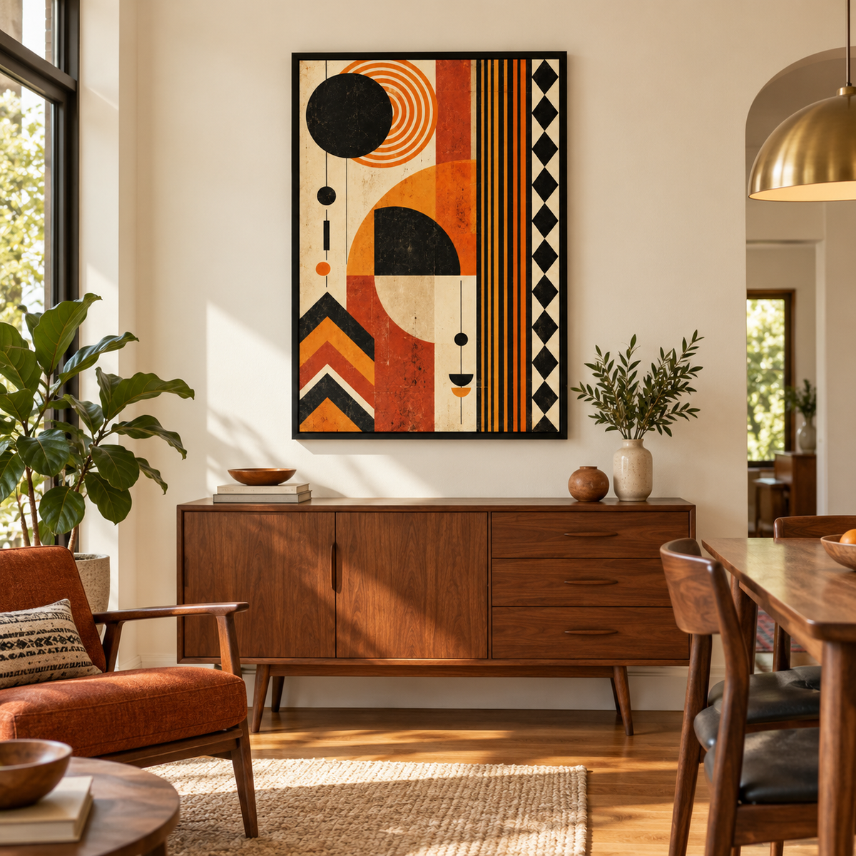 Rust and Black Geometric Rings — Black Frame room scene | AUSJOJO
