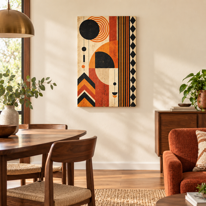 Rust and Black Geometric Rings — Stretched Canvas room scene | AUSJOJO