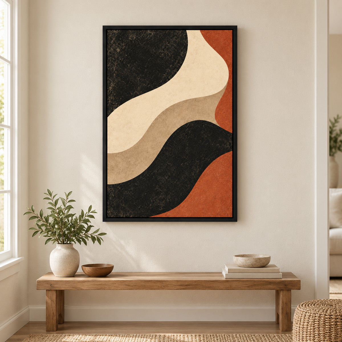 Black Ivory Terracotta Organic Waves — Black Frame wall scene | AUSJOJO