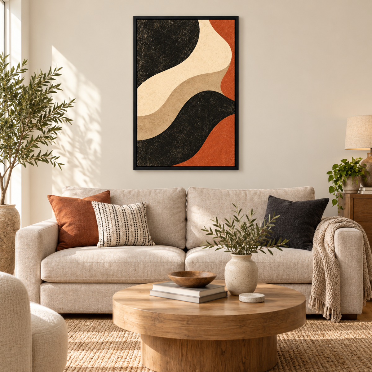 Black Ivory Terracotta Organic Waves — Black Frame room scene | AUSJOJO