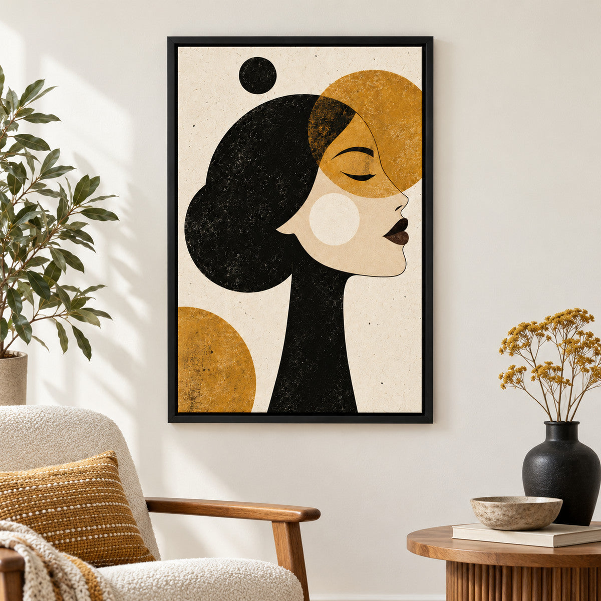 Ochre Geometric Woman Profile — Black Frame wall scene | AUSJOJO