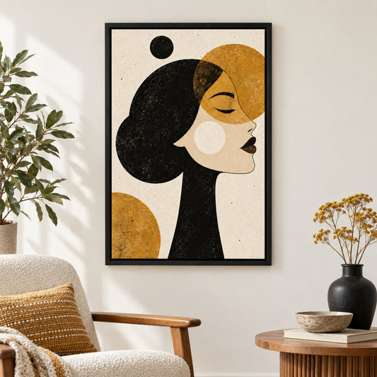 Ochre Geometric Woman Profile — Black Frame wall scene | AUSJOJO