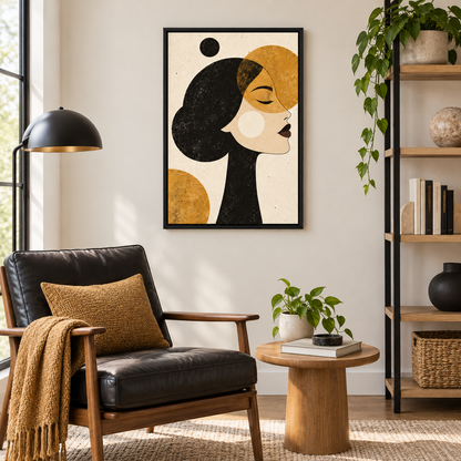 Ochre Geometric Woman Profile — Black Frame room scene | AUSJOJO