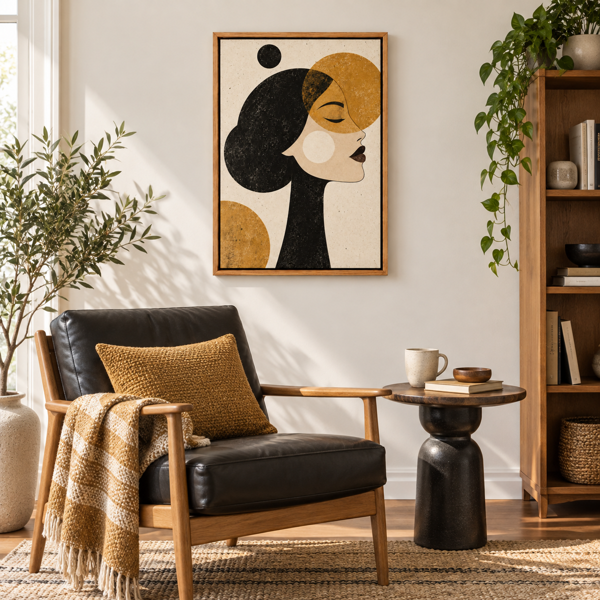 Ochre Geometric Woman Profile — Brown Frame room scene | AUSJOJO