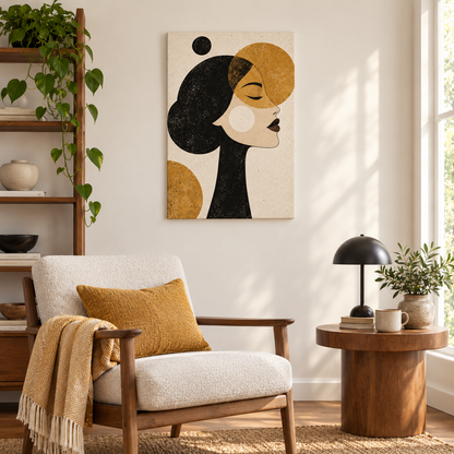 Ochre Geometric Woman Profile — Stretched Canvas room scene | AUSJOJO