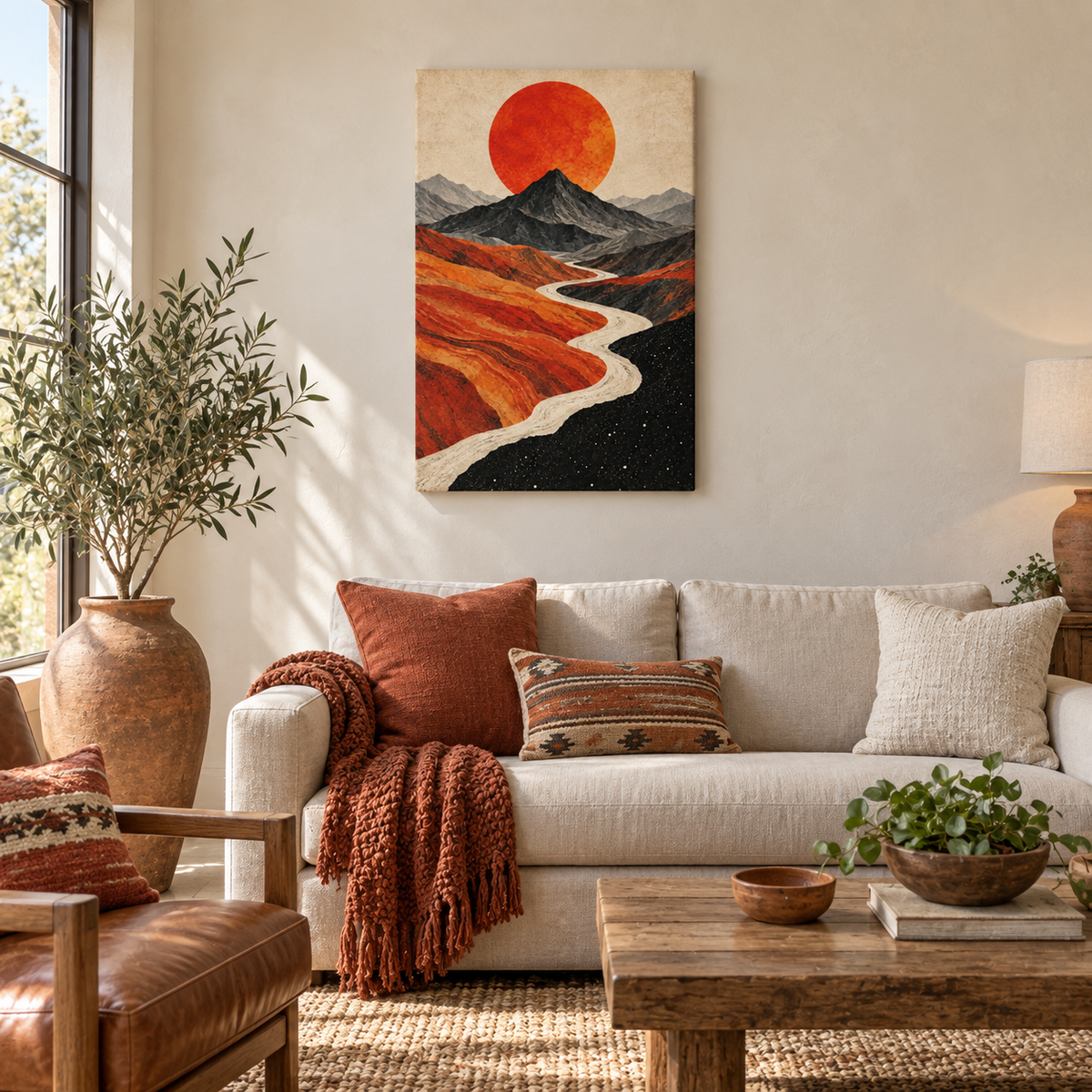 Vermilion Sun Mountain River — Stretched Canvas room scene | AUSJOJO