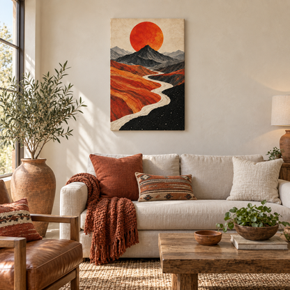 Vermilion Sun Mountain River — Stretched Canvas room scene | AUSJOJO