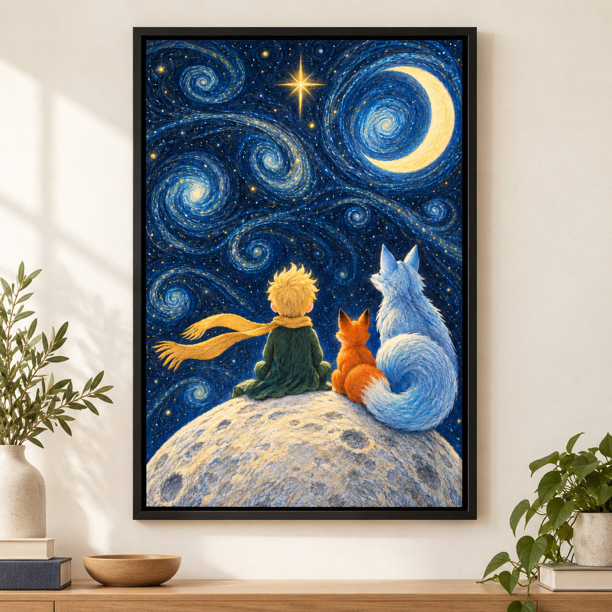 Starry Sky Child and Two Foxes — Black Frame wall scene | AUSJOJO