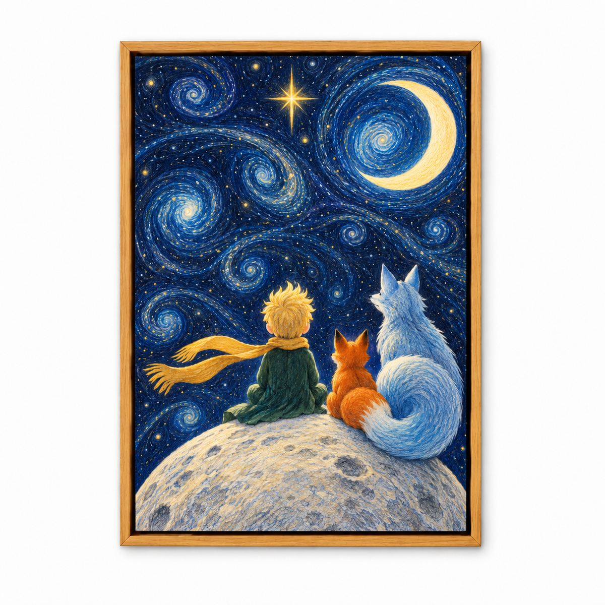 Starry Sky Child and Two Foxes — Brown Frame finish product view | AUSJOJO