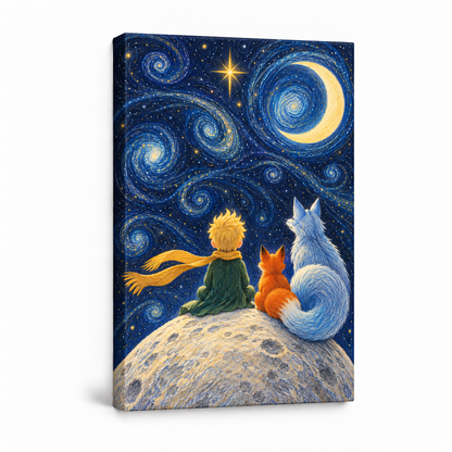 Starry Sky Child and Two Foxes — Stretched Canvas product view | AUSJOJO