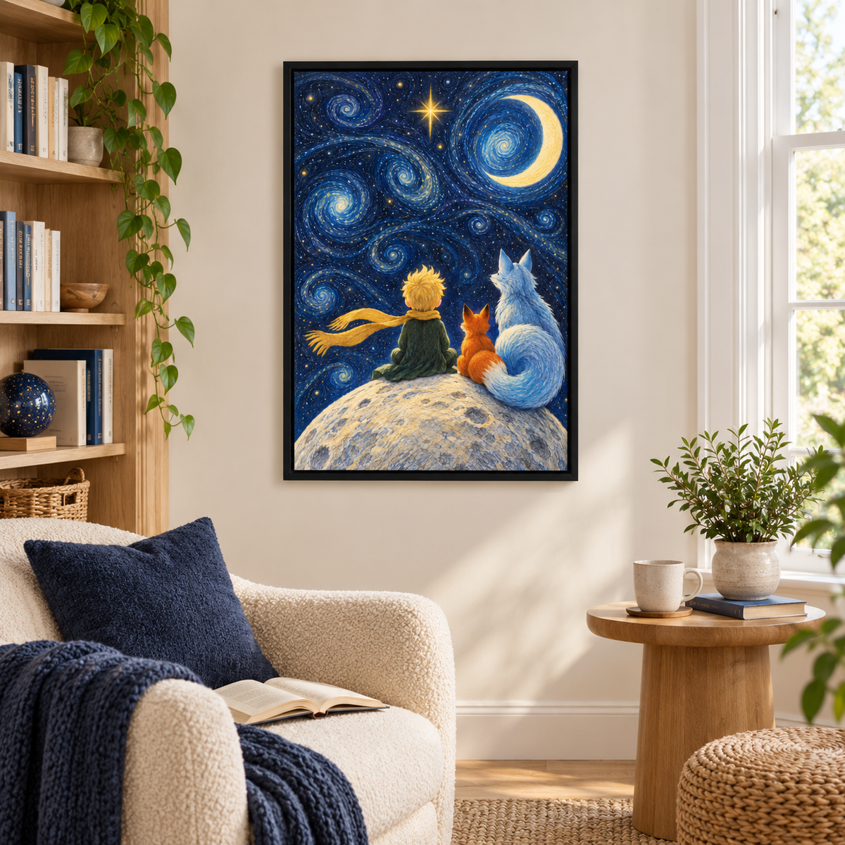 Starry Sky Child and Two Foxes — Black Frame room scene | AUSJOJO