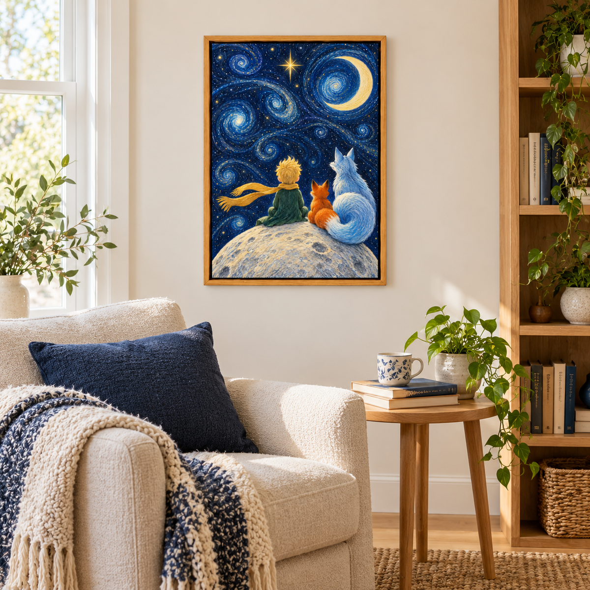 Starry Sky Child and Two Foxes — Brown Frame room scene | AUSJOJO